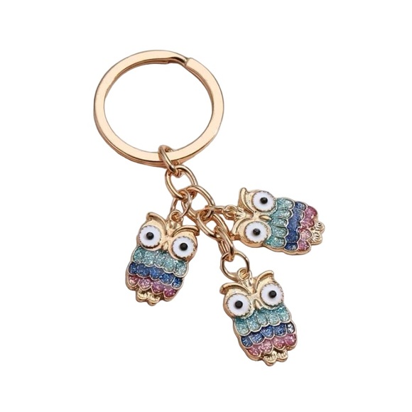 Triple Owl Keyring - Gold Blue Pink - Picture 3 of 3